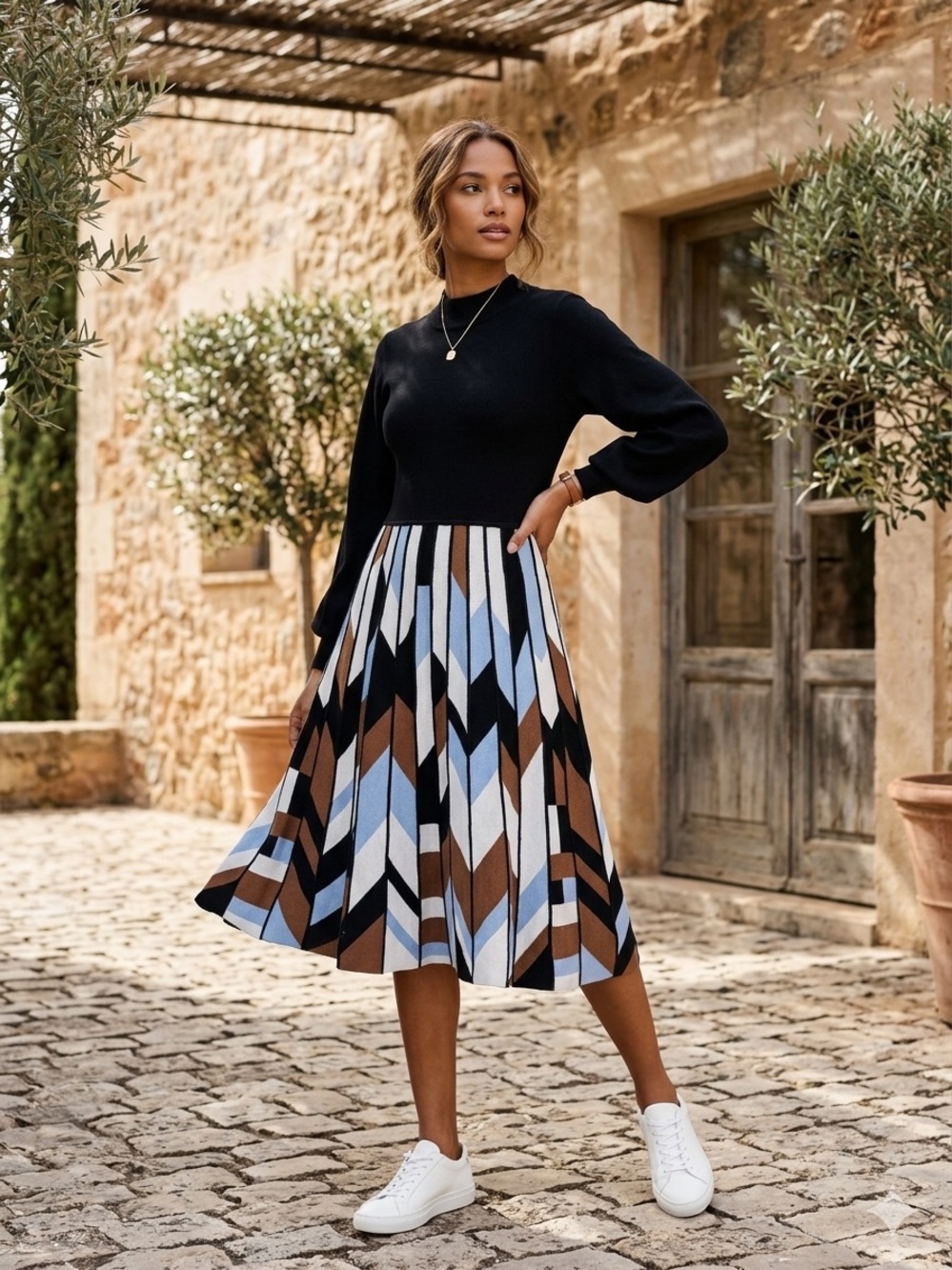 NinaLeonard Women's Black Sweater Dress with Geometric Blue and Brown Skirt